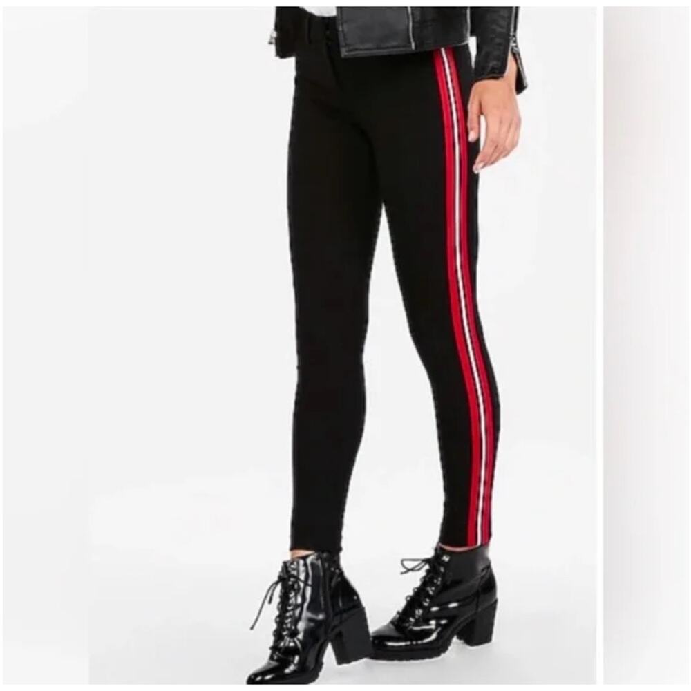 Express Women’s Black Red Racing Stripe Skinny Mid Rise Stretch Pants Size 2R